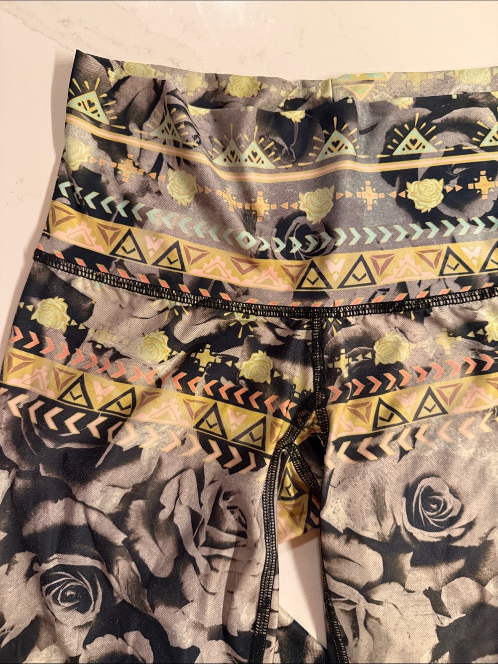 teeki Black Floral Leggings with Pastel Aztec Stripes